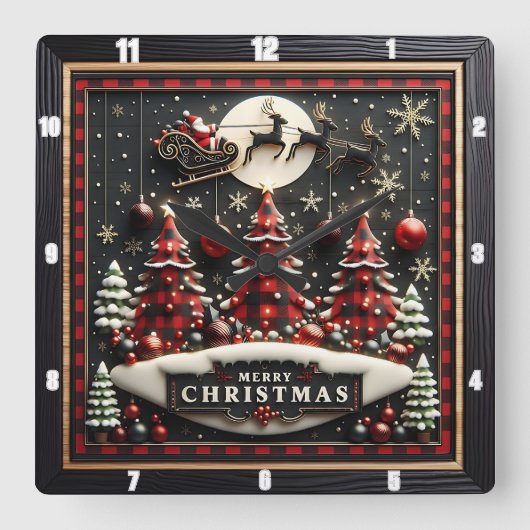 Plaid Christmas Trees Santa Sleigh Quadratische Wanduhr (Vorderseite)