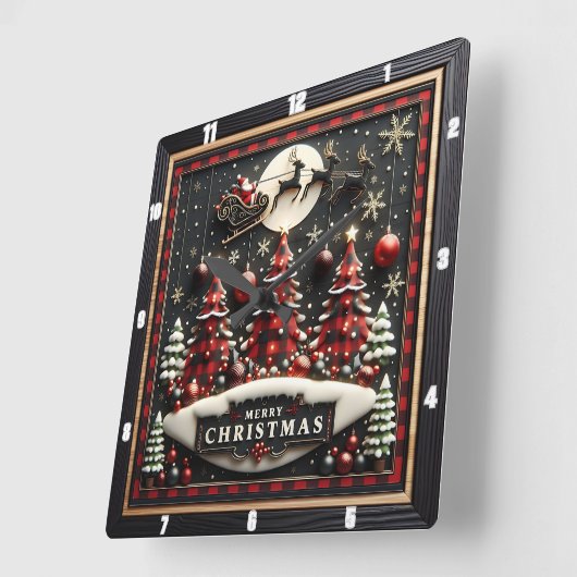 Plaid Christmas Trees Santa Sleigh Quadratische Wanduhr (Winkel)