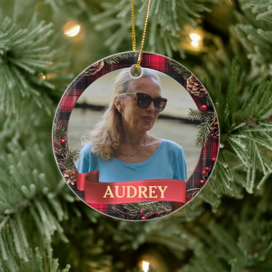 Plaid Christmas Wreath ANY Photo Tree Ornament (Baum)