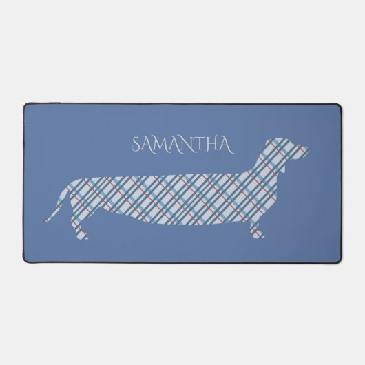 Plaid Dachshund on Blue Personalised Schreibtischunterlage (Vorderseite)