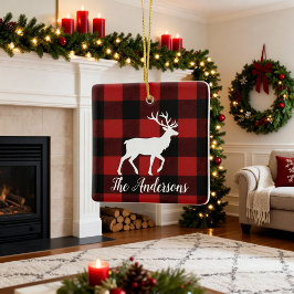 Plaid Deer Family Name Christmas Keepsake Ornament