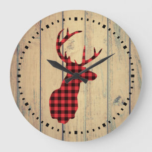 Plaid Deer Head with Antlers on Faux Wood Große Wanduhr