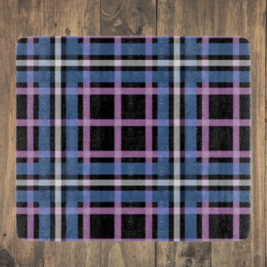 Plaid Glass Cutting Board – Bold Blue & Lavender Schneidebrett