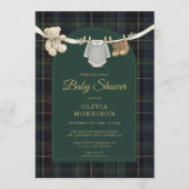 Plaid Green Teddy Bear All in One Baby Shower Einladung (Vorderseite)