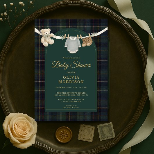 Plaid Green Teddy Bear Clothesline Baby Shower Einladung