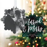Plaid Married & Merry Script Big Photo Christmas  Ornament Karte<br><div class="desc">These festive paper ornament cards feature a large single photo on the front of the card. On the back is a cozy green and black plaid background, a large EDITABLE script greeting in white, and your text in a classic serif font. These ornaments make a fabulous holiday card that will...</div>