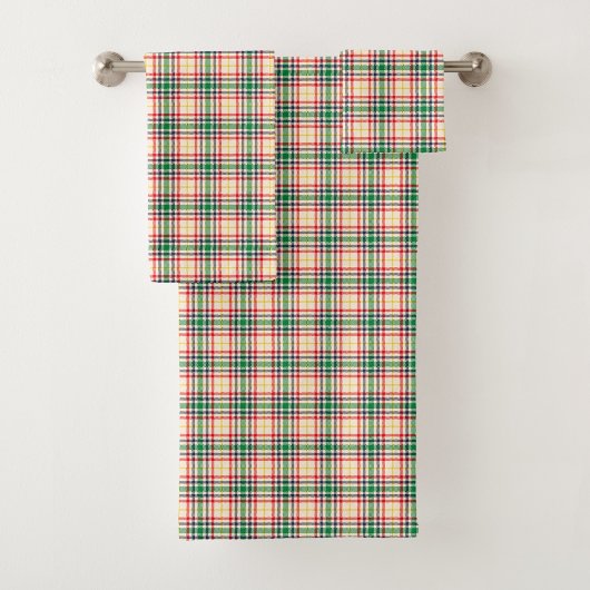 Plaid-patterned towel set with red, green, yellow 