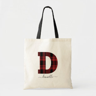 Plaid Red and Black Monogram Letter "D" Tragetasche