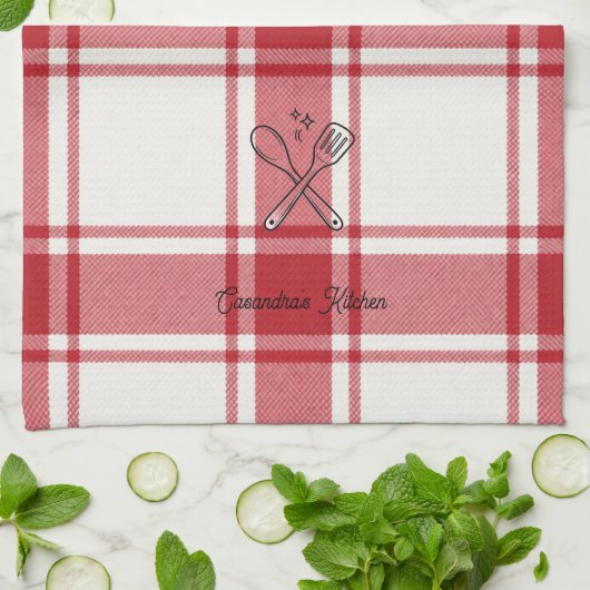 Plaid Red & White Custom Name Gift Geschirrtuch (Gefaltet)