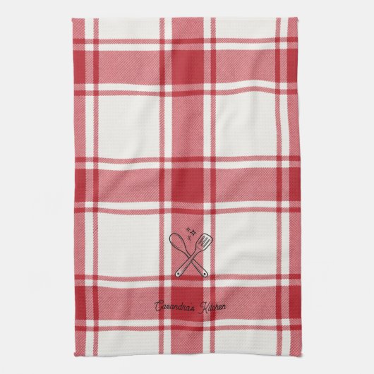 Plaid Red & White Custom Name Gift Geschirrtuch (Vertikal)
