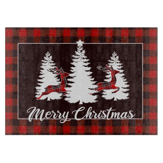 Plaid Reindeer and Pine Trees Christmas Scene Schneidebrett (Vorderseite)