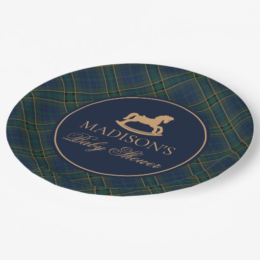 Plaid Rocking Horse Baby Shower Envelope Seal Pappteller (Schrägansicht)