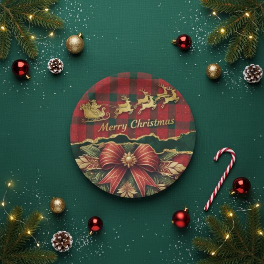 Plaid Santa Sleigh Wreath Merry Christmas Gold Pappteller