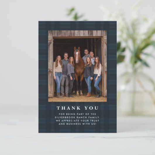 Plaid Tartan Equestrian Barn Ranch Business Dankeskarte (Stehend Vorderseite)
