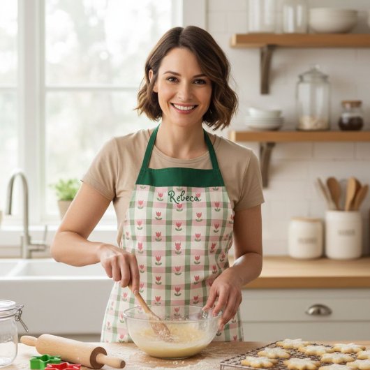 Plaid Tulip Women's Apron with Custom Name Schürze