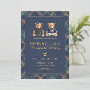 Plaid Twins Teddy Navy Tartan Bär 1. Geburtstag Einladung