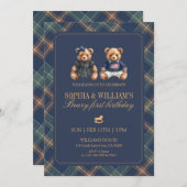 Plaid Twins Teddy Navy Tartan Bear 1st Birthday Einladung (Vorne/Hinten)