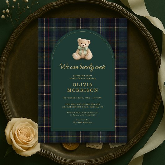 Plaid We Can Bearly Wait Green Blue Baby Shower Einladung