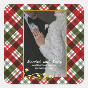 Plaid Weihnachten 2 Foto Verheiratet und Fröhlich Quadratischer Aufkleber