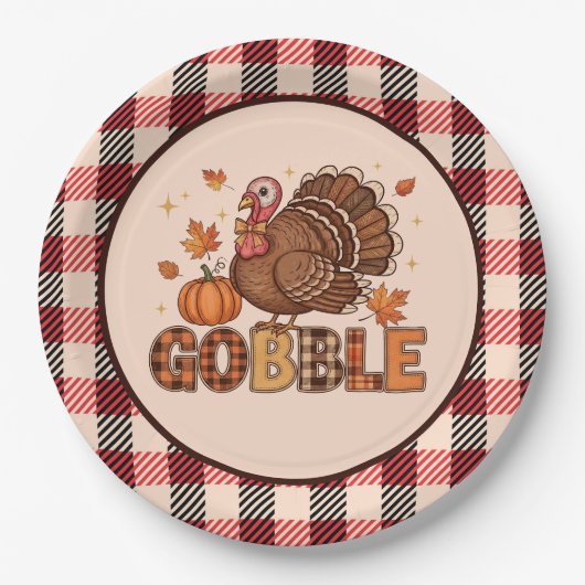 Plaid & Whimsy – Festives Thanksgiving Truthahn Pappteller (Vorderseite)