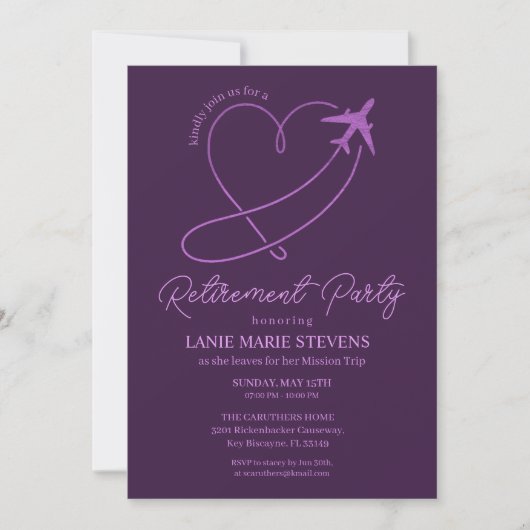 Plain Purple Heart Plain Retirement Party Einladung (Vorderseite)