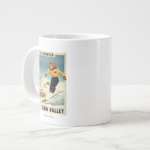Plakat einer rothaarigen Frau, die lächelt und Ski Jumbo-Tasse