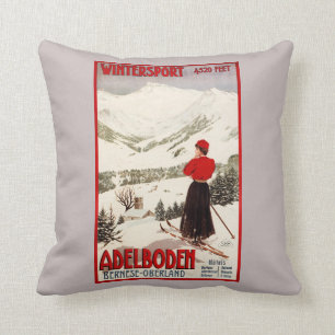 Plakat mit Skifahrerin mit Blick auf Adelboden Kissen