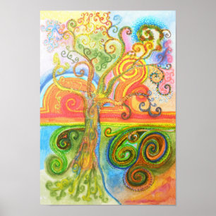 Plakat oder Druck mit psychedelischem buntem Baum