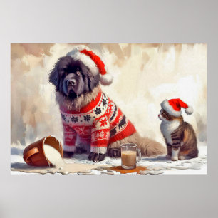 Plakat von Newfie mit Katze und verschüttetem Eier
