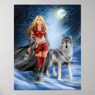 Plakat-Winter-Kriegersprinzessin und -wolf Poster