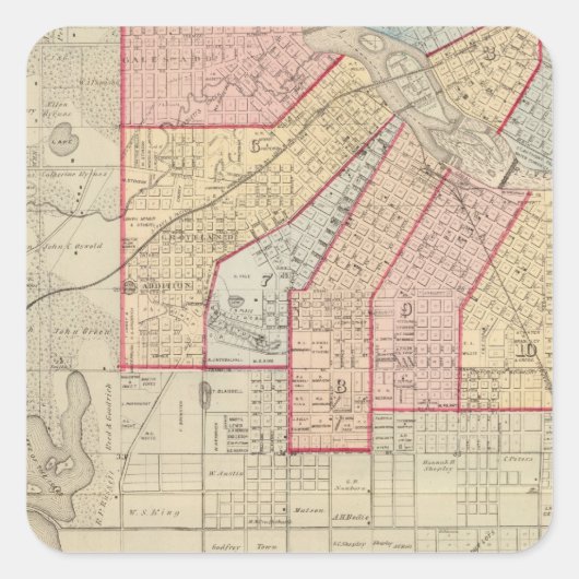 Plan der Stadt Minneapolis und Umgebung Quadratischer Aufkleber (Vorderseite)