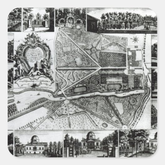 Plan des Gartens und Aussicht auf die Häuser von C Quadratischer Aufkleber (Vorderseite)