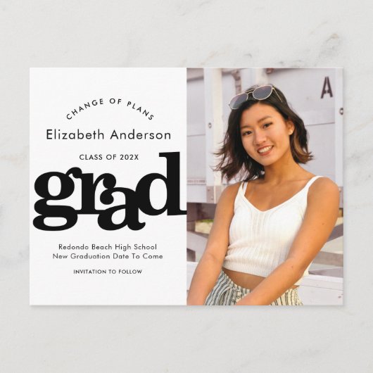 Planänderung Abschluss fett schwarze Typografie Einladungspostkarte (Vorderseite)