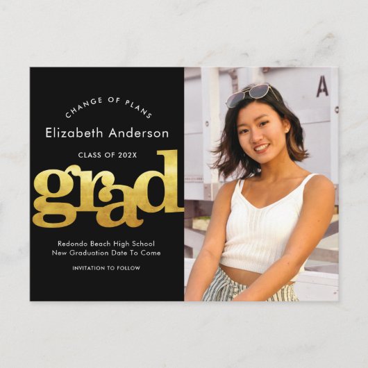 Planänderung Abschluss Goldtypografie Einladungspostkarte (Vorderseite)