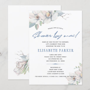 Planänderung blaue florale Babyparty per Post Einladung