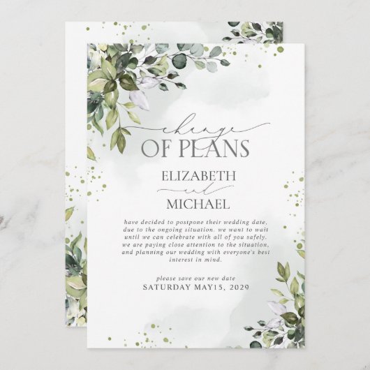 Planänderung Hochzeit im eleganten botanischen Grü Save The Date (Vorne/Hinten)