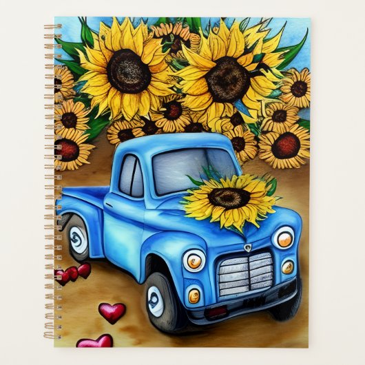 Planer Aquarell Blauer LKW Vintage Sonnenblume (Vorderseite)