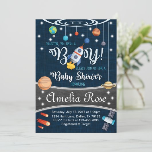 Planet AußenSpace Baby Dusche Einladung Junge (Stehend Vorderseite)