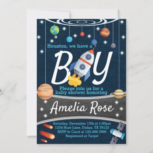 Planet AußenSpace Baby Dusche Einladung Junge (Vorderseite)