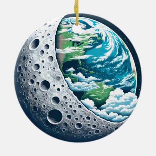 Planet Erde und ihr Mond: Himmelswunder Keramik Ornament (Hinten)