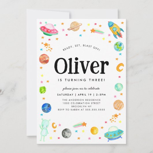 Planet Galaxy Raumschiff Alien Weltraum Geburtstag Einladung (Vorderseite)