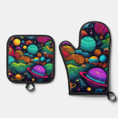 Planet-Hintergrund Ofenhandschuh & Topflappen-Set (Vorderseite)