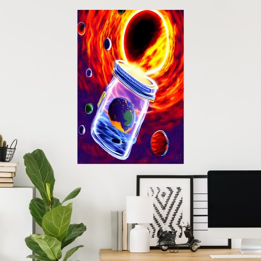Planet in einem Glasgefäß | AI Art Poster (Heimbüro)
