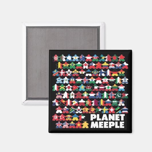 Planet Meeple, White Text Square Magnet (Vorderseite/Rückseite)