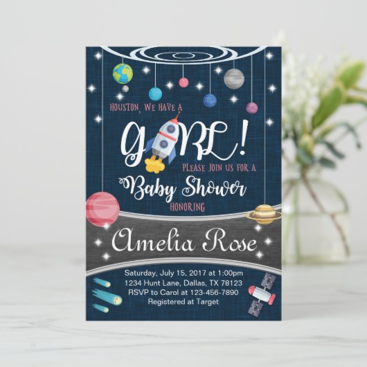 Planet Outer Space Baby Dusche Einladung Mädchen (Stehend Vorderseite)