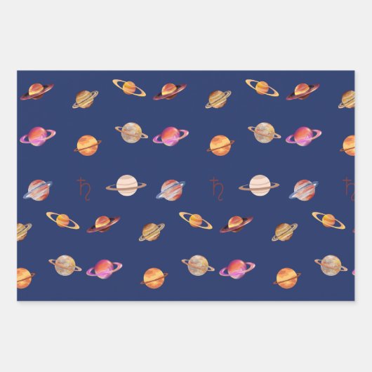 Planet Saturn Farbblau und Schwarz Geschenkpapier Set (Vorderseite)