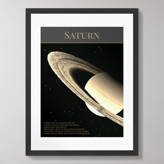 Planet Saturn mit Ringen und Fakten schwarzes Post Poster