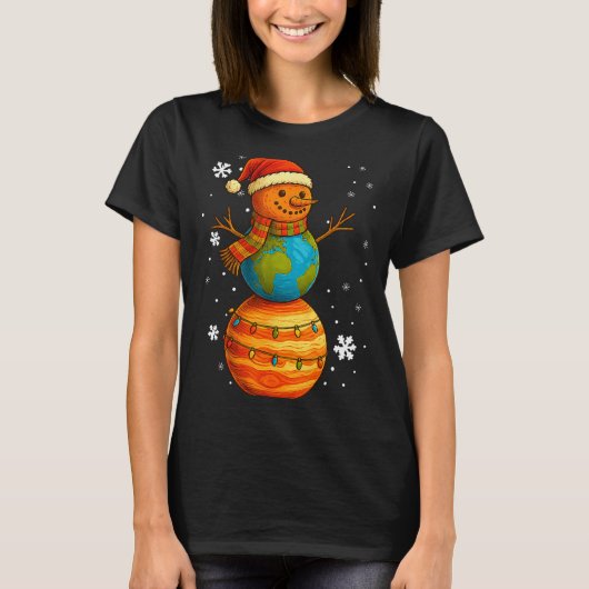 Planet Snowman Earth Saturn Christmas Holiday Art T-Shirt (Vorderseite)