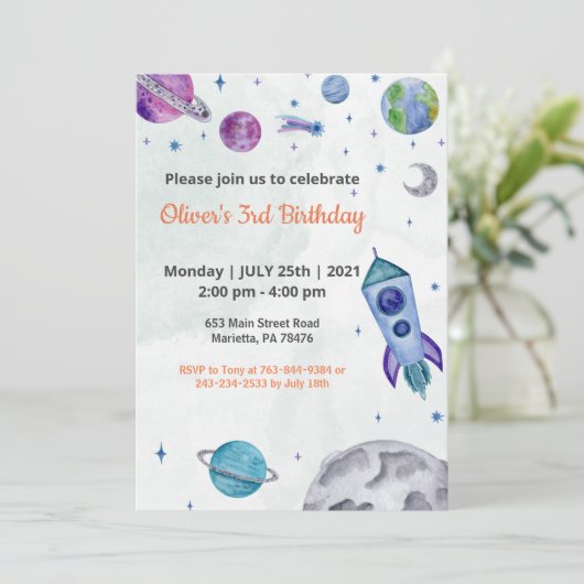 Planet Theme Boy Birthday Einladung (Stehend Vorderseite)