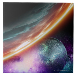 Planet und sein Mond. Computergrafik von Fliese